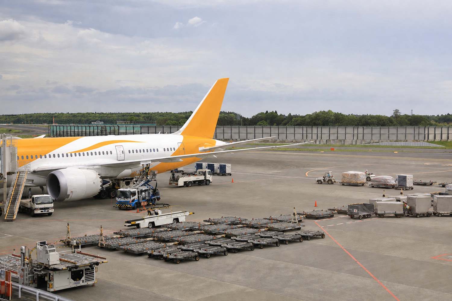 空港のエプロンに並ぶ空のドーリー