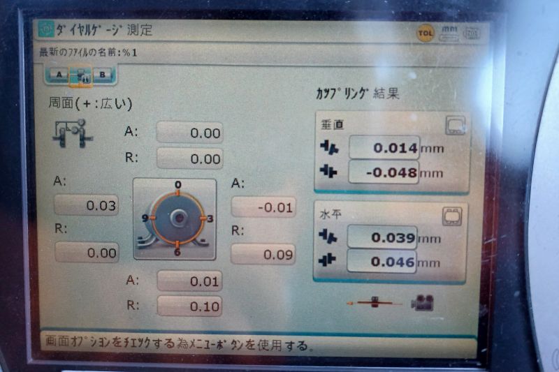 レーザーアライメント診断中の計測結果と修正方向を表示したディスプレイ